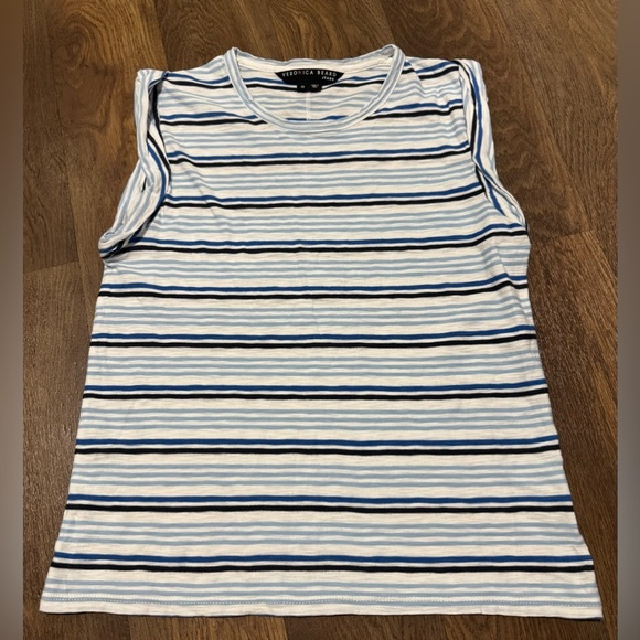Veronica Beard Dree Striped Muscle T-Shirt Blue White Size XS - Picture 2 of 9